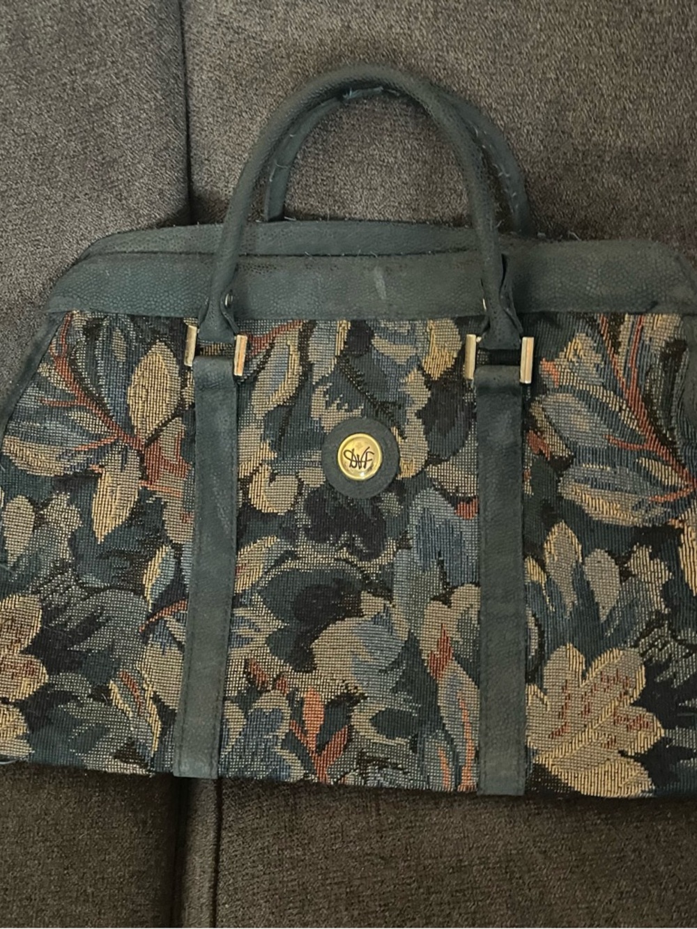 Vintage Floral Tapestry Satchel Bag with Teal Suede Trim